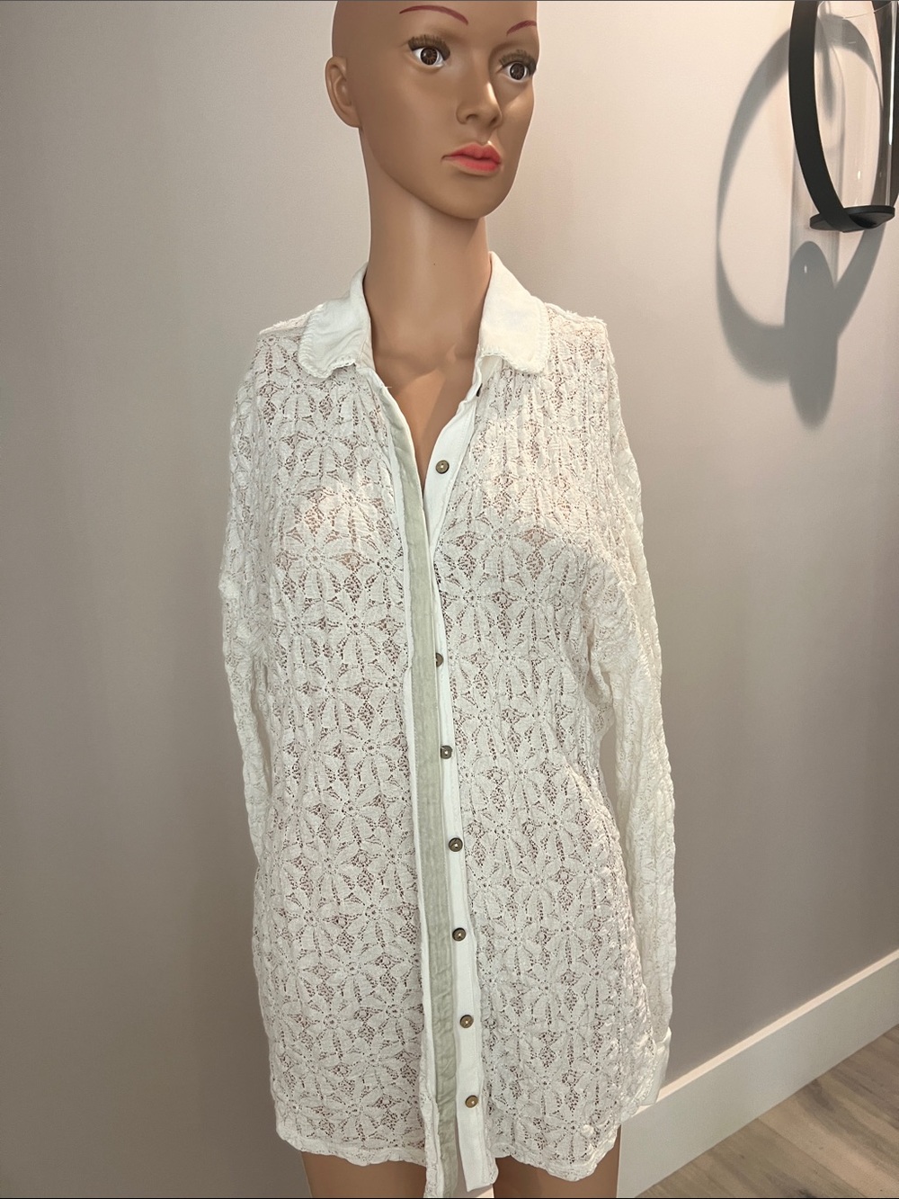 Free People Ivory Lace Button-Down Shirt
